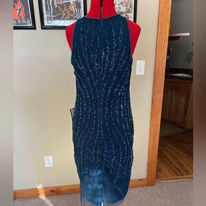 Blue beaded cocktail dress. Size 14, length 41”, never worn, with tags.